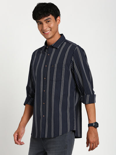 100% Cotton Navy Blue Striped Slim Fit Full Sleeve Casual Shirt