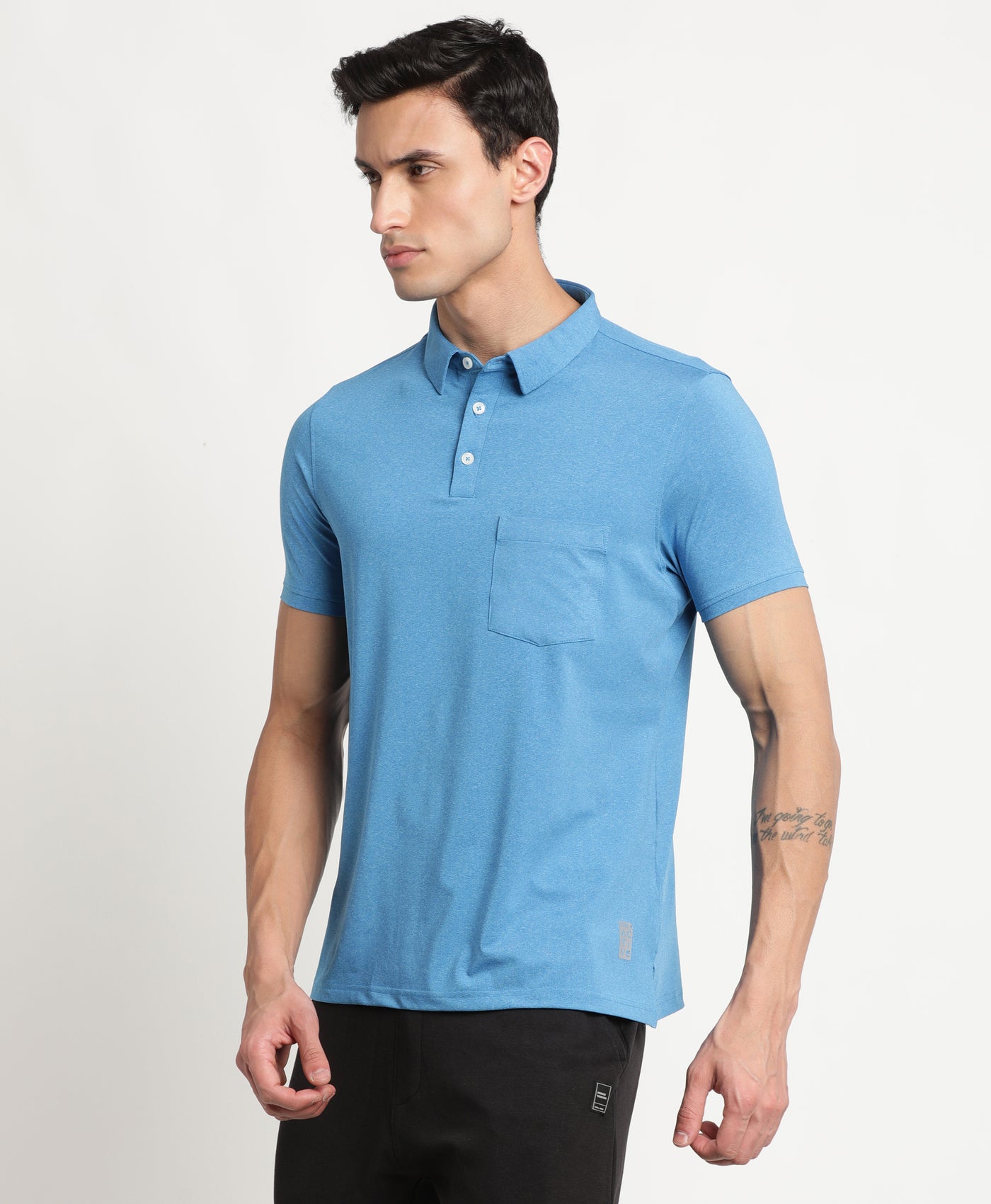 Poly Spandex Melange Blue Plain Polo Neck Half Sleeve Active T-Shirt
