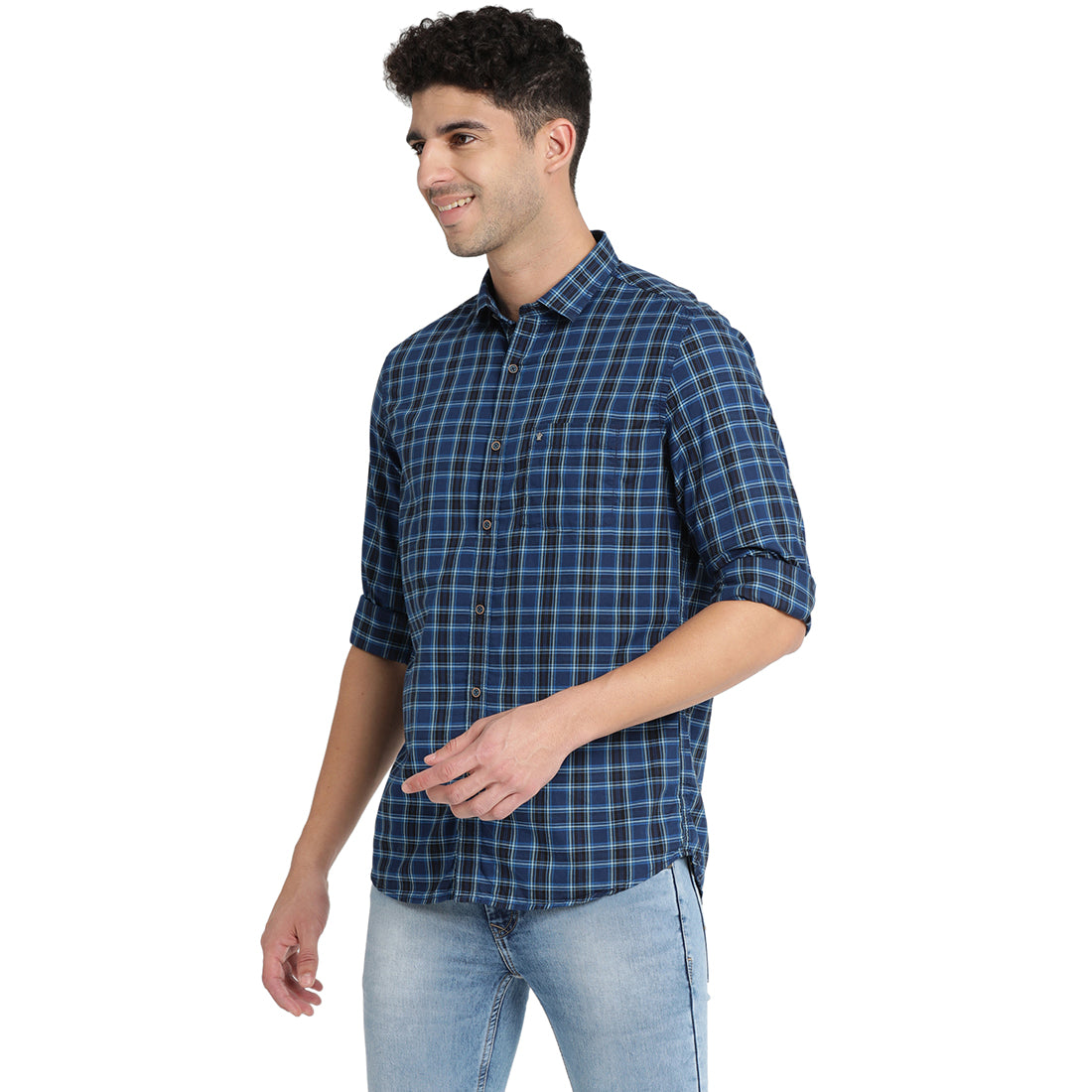 Turtle Men Blue Cotton Checked Slim Fit Casual Shirts