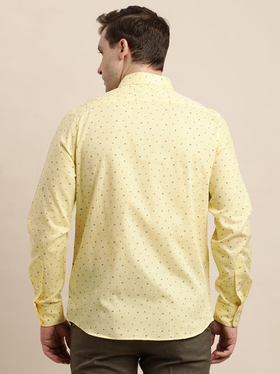 100% Cotton Yellow Printed Slim Fit Full Sleeve Formal Shirt