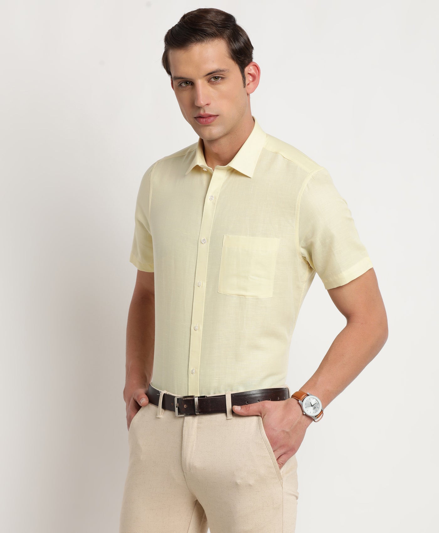 Cotton Linen Lemon Plain Regular Fit Half Sleeve Formal Shirt