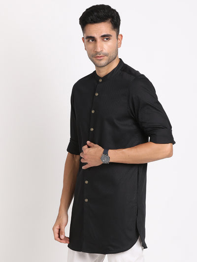 100% Cotton Black Jacquard Kurta Full Sleeve Ceremonial Shirt