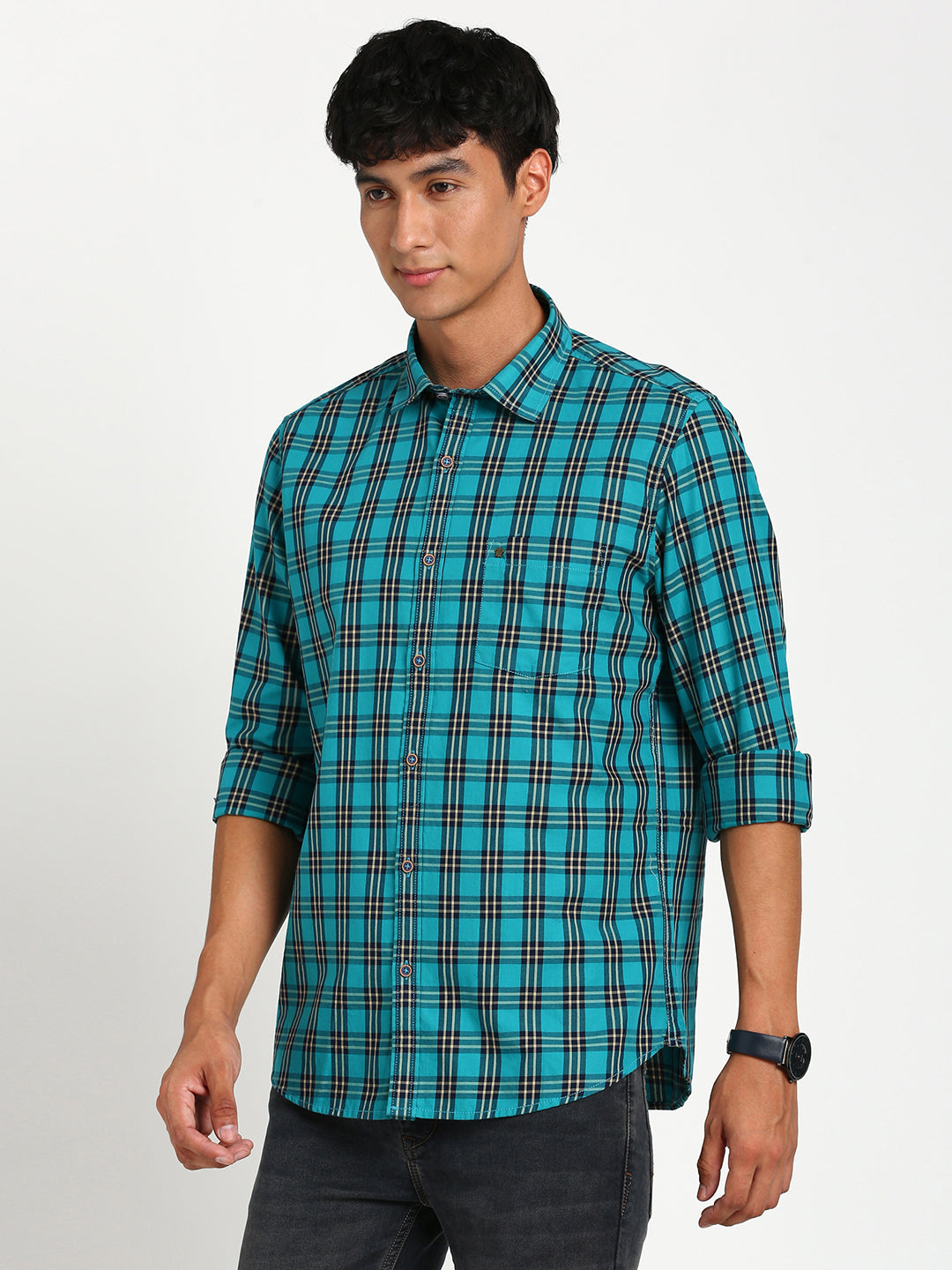 100% Cotton Turquoise Blue Checkered Slim Fit Full Sleeve Casual Shirt