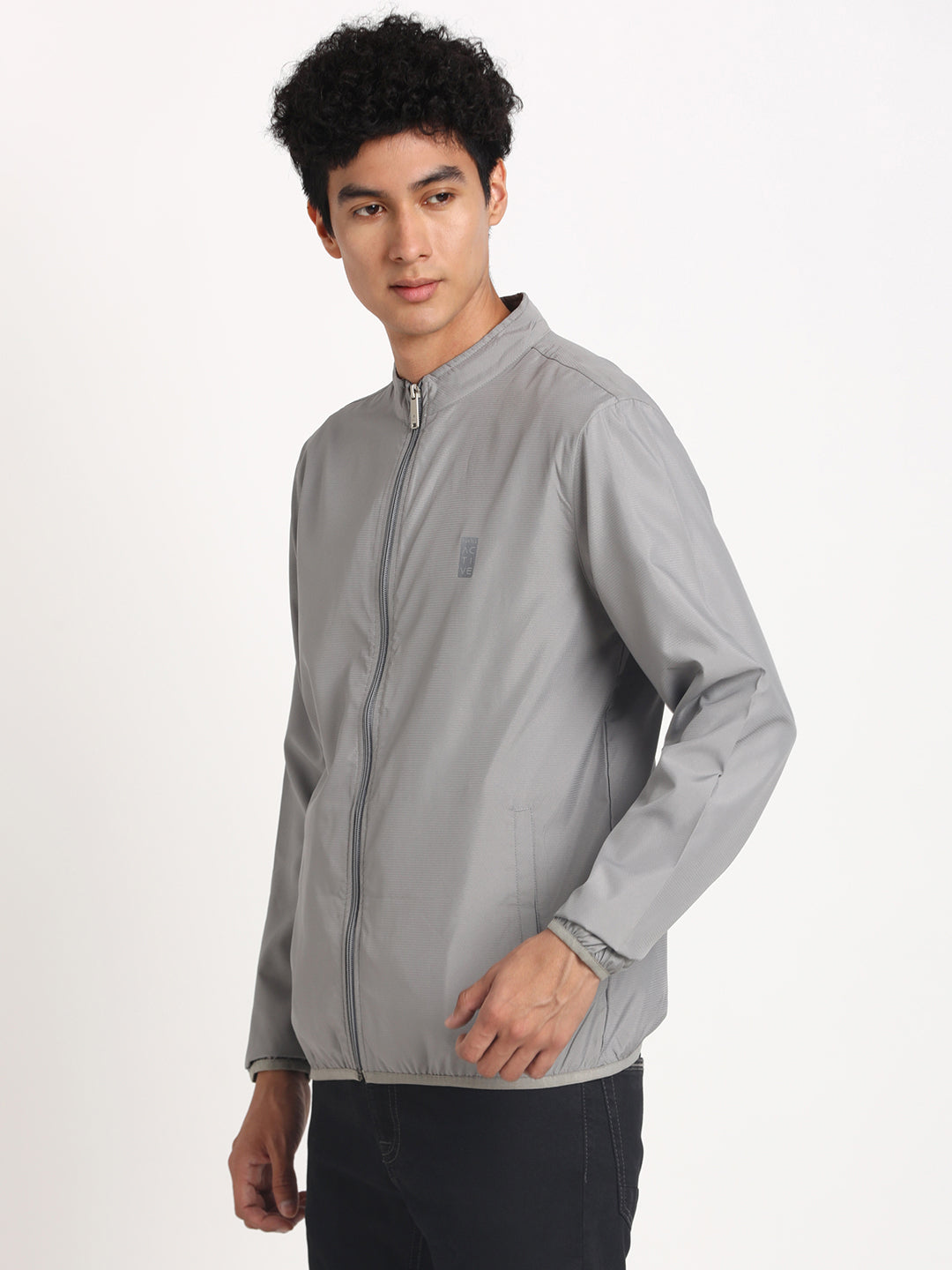 Polyester Grey Plain Regular Fit Full Sleeve Casual Windcheater