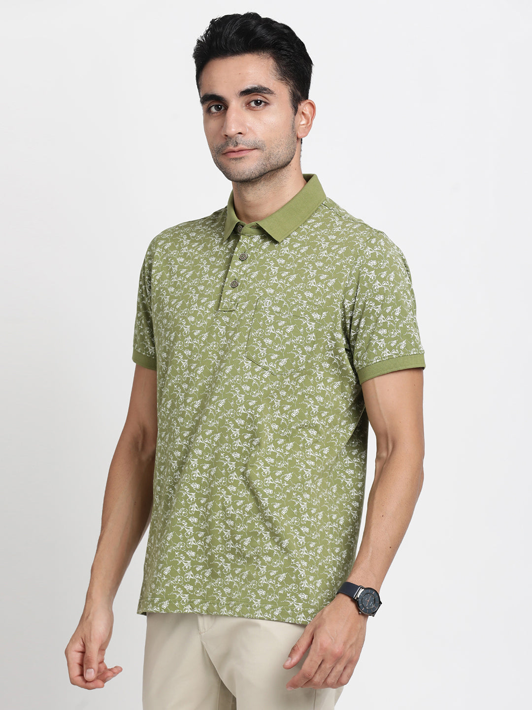 Cotton Stretch Green Printed Polo Neck Half Sleeve Casual T-Shirt