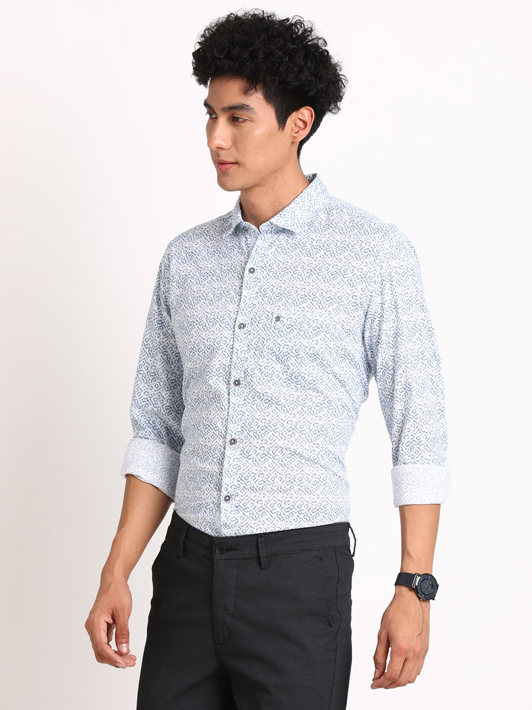 100% Cotton Off White Printed Slim Fit Full Sleeve Casual Shirt