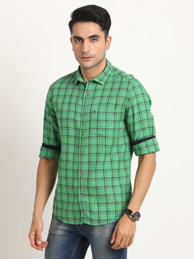 Cotton Viscose Green Checkered Slim Fit Full Sleeve Casual Shirt