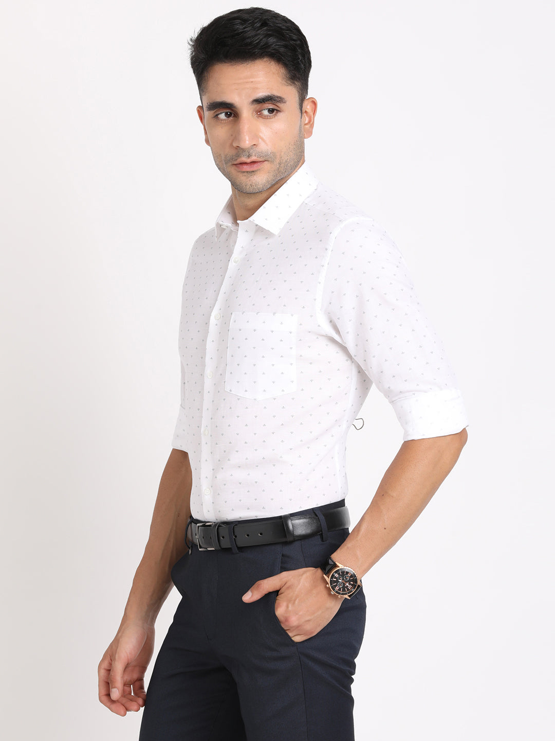 Cotton Linen White Printed Slim Fit Full Sleeve Formal Shirt