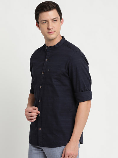 Turtle Men Navy Blue Cotton Self Design Slim Fit Casual Shirts