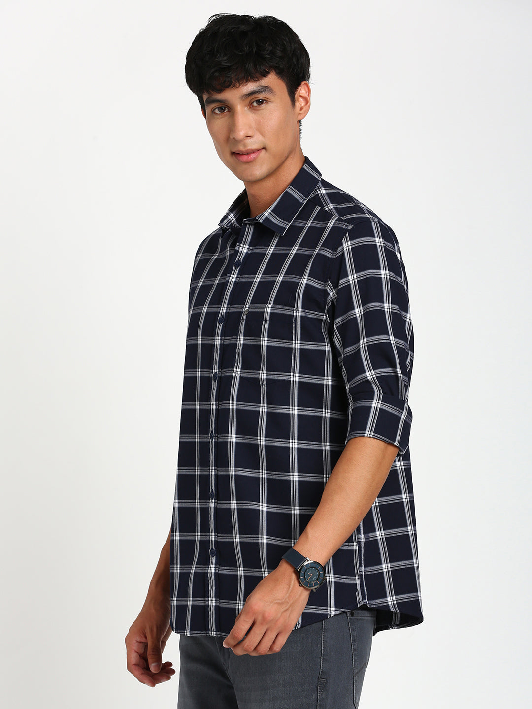 100% Cotton Navy Blue Checkered Slim Fit Full Sleeve Casual Shirt