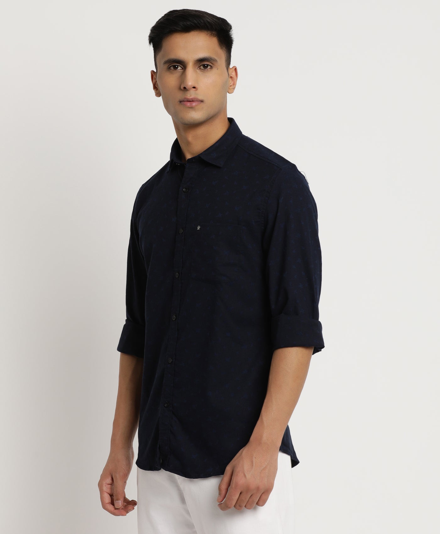 Poly Cotton Navy Blue Printed Slim Fit Full Sleeve Casual Shirt