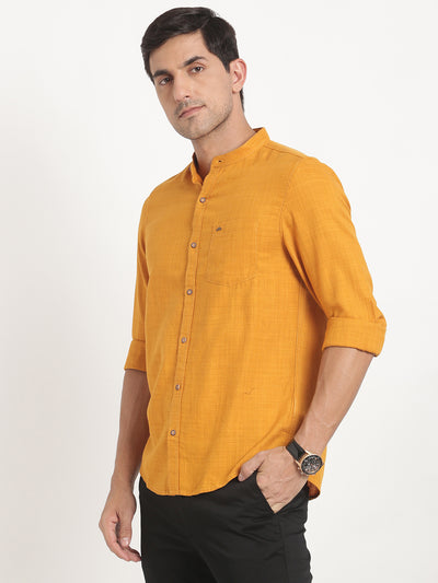 Cotton Lyocell Mustard Yellow Plains Slim Fit Full Sleeve Casual Shirt