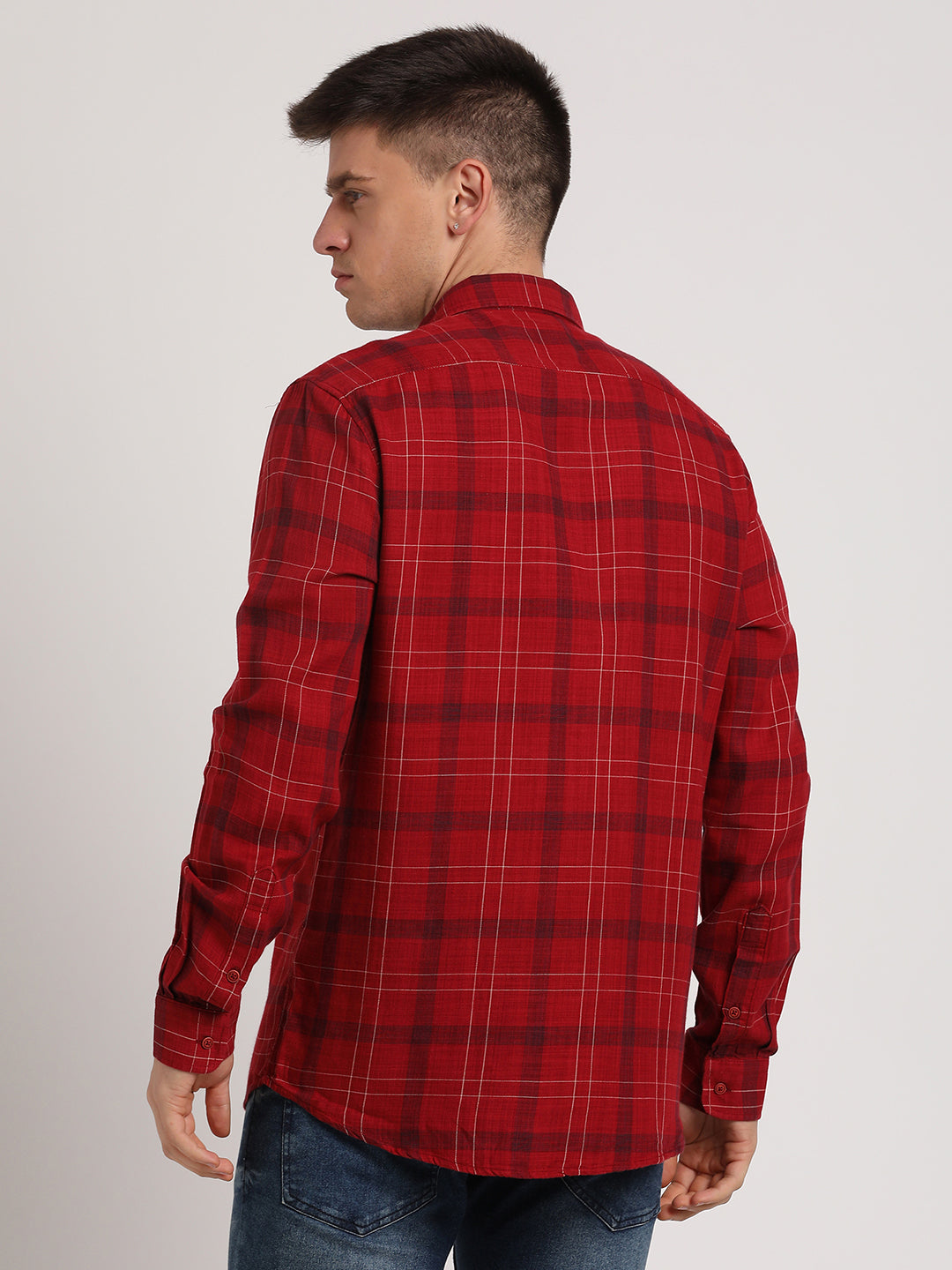 Cotton Lyocell Red Checkered Slim Fit Full Sleeve Casual Shirt