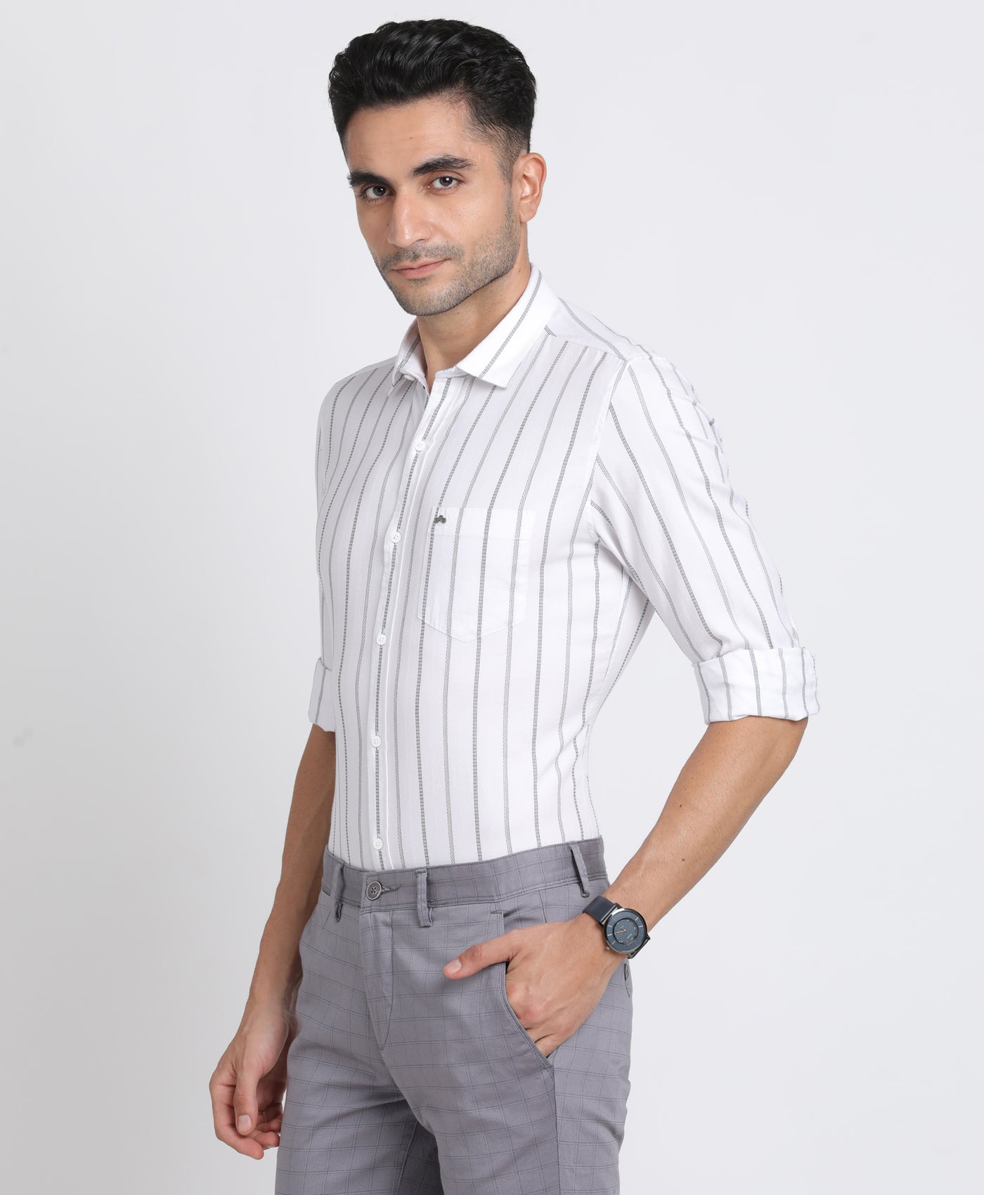 100% Cotton White Striped Slim Fit Full Sleeve Casual Shirt