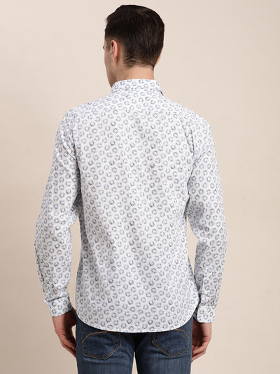 100% Cotton White Printed Slim Fit Full Sleeve Casual Shirt