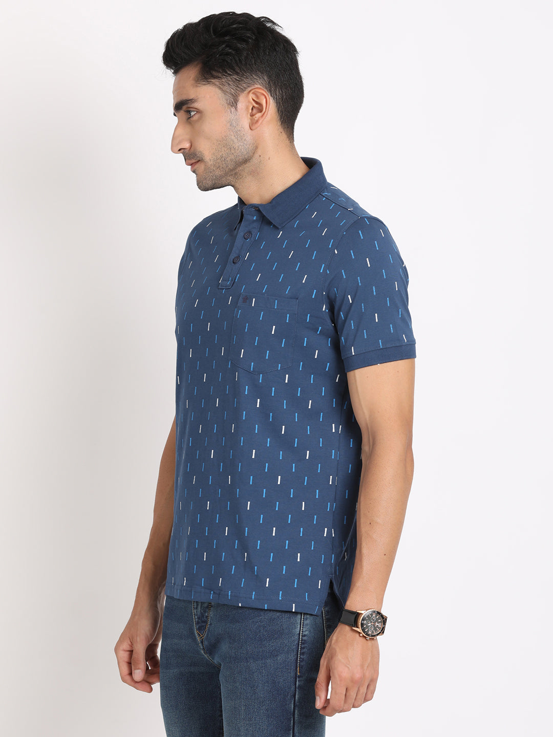 Knitted Blue Printed Polo Neck Half Sleeve Casual T-Shirt