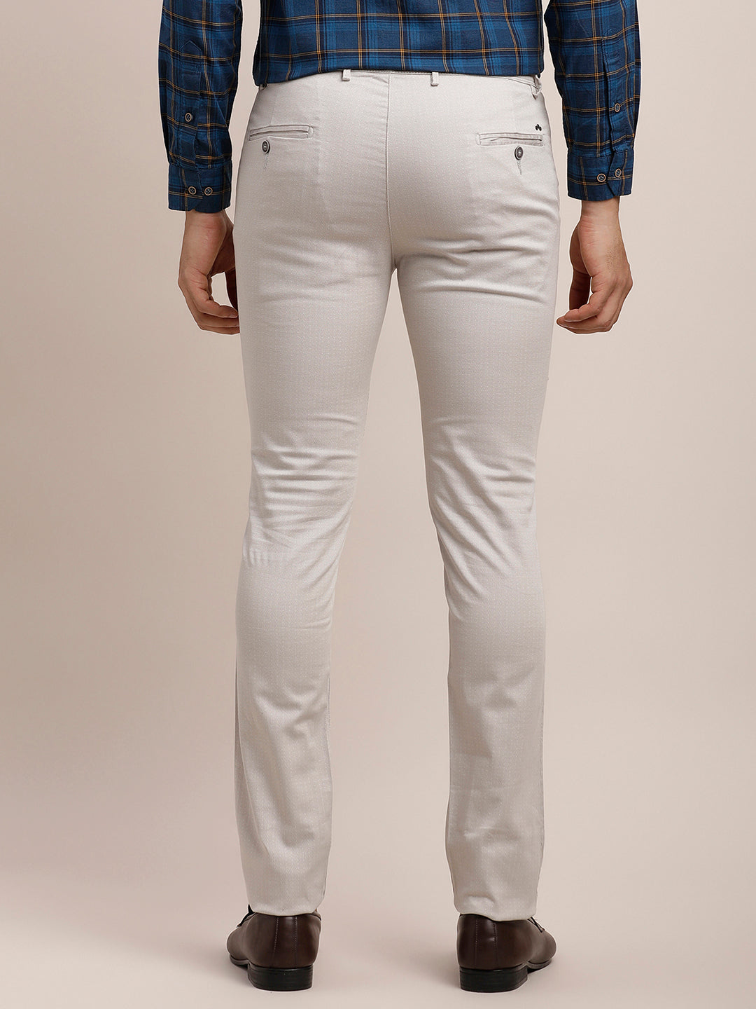 Cotton Stretch Off White Printed Narrow Fit Flat Front Casual Trouser