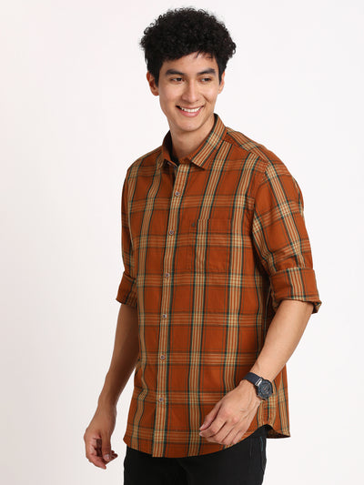 100% Cotton Brown Checkered Slim Fit Full Sleeve Casual Shirt