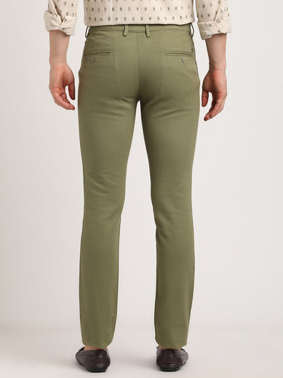 Cotton Stretch Olive Dobby Ultra Slim Fit Flat Front Casual Trouser