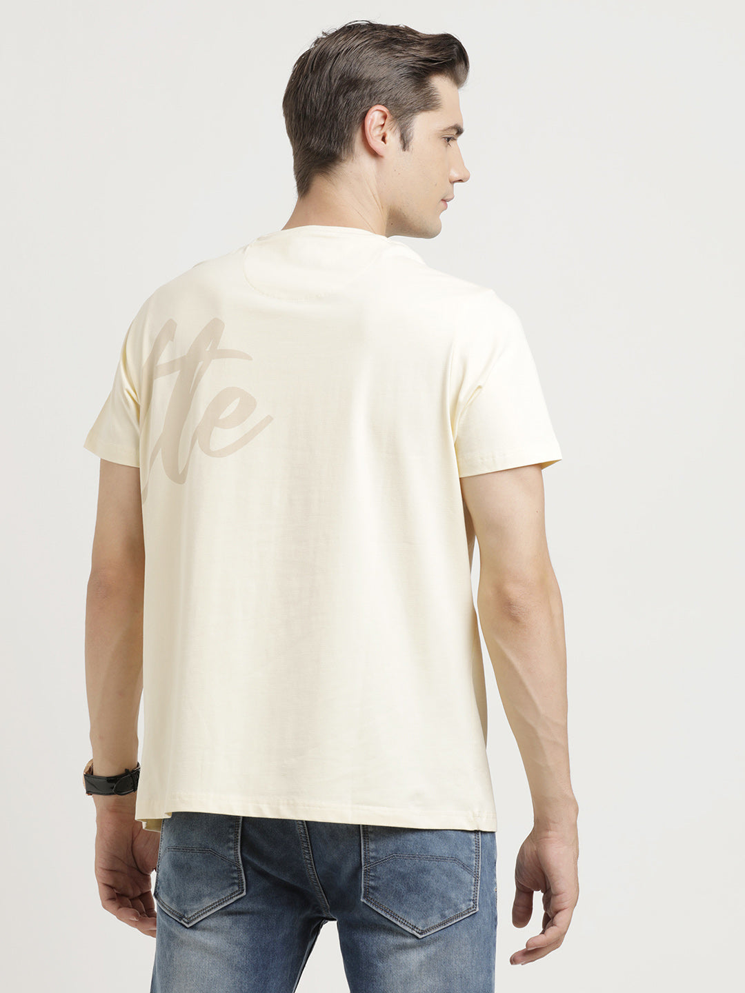 Cotton Stretch Cream Printed Crew Neck Half Sleeve Casual T-Shirt