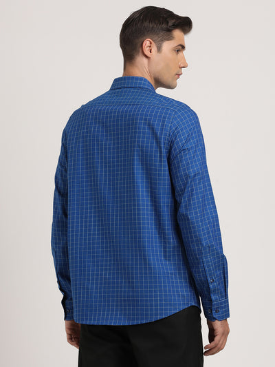 100% Cotton Blue Checkered Slim Fit Full Sleeve Formal Shirt