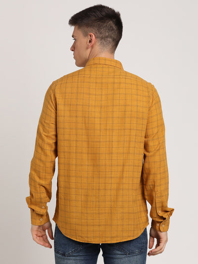 Cotton Lyocell Mustard Checkered Slim Fit Full Sleeve Casual Shirt