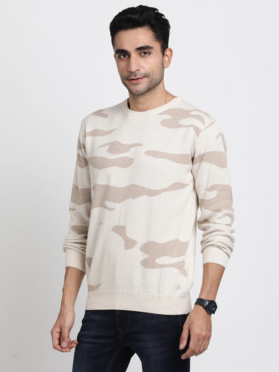 Knitted Beige Printed Regular Fit Full Sleeve Casual Pull Over