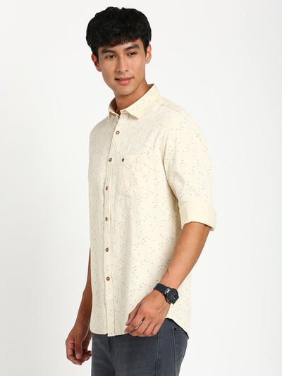 100% Cotton Beige Printed Slim Fit Full Sleeve Casual Shirt