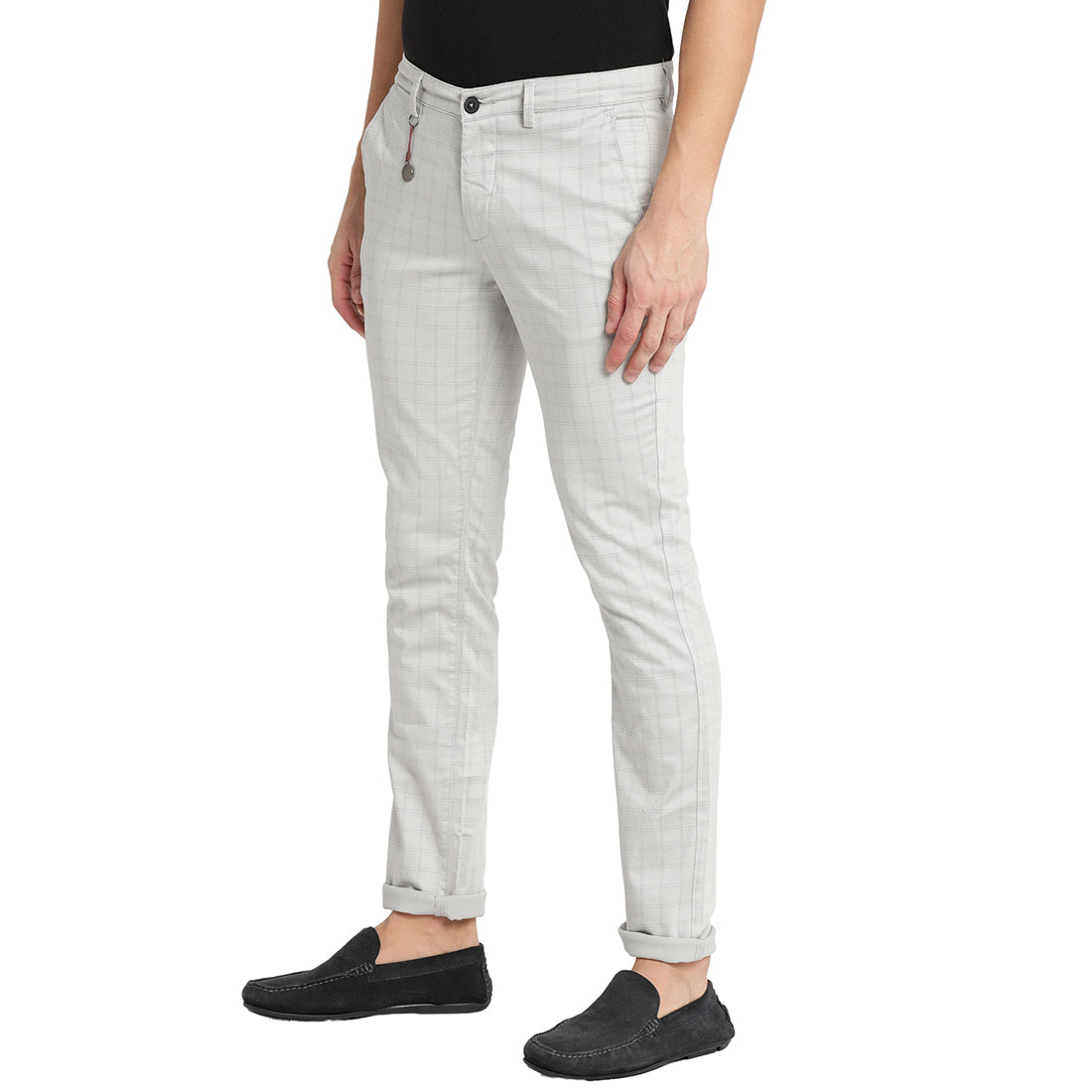 Turtle Men Cream Narrow Fit Checked Casual Trousers