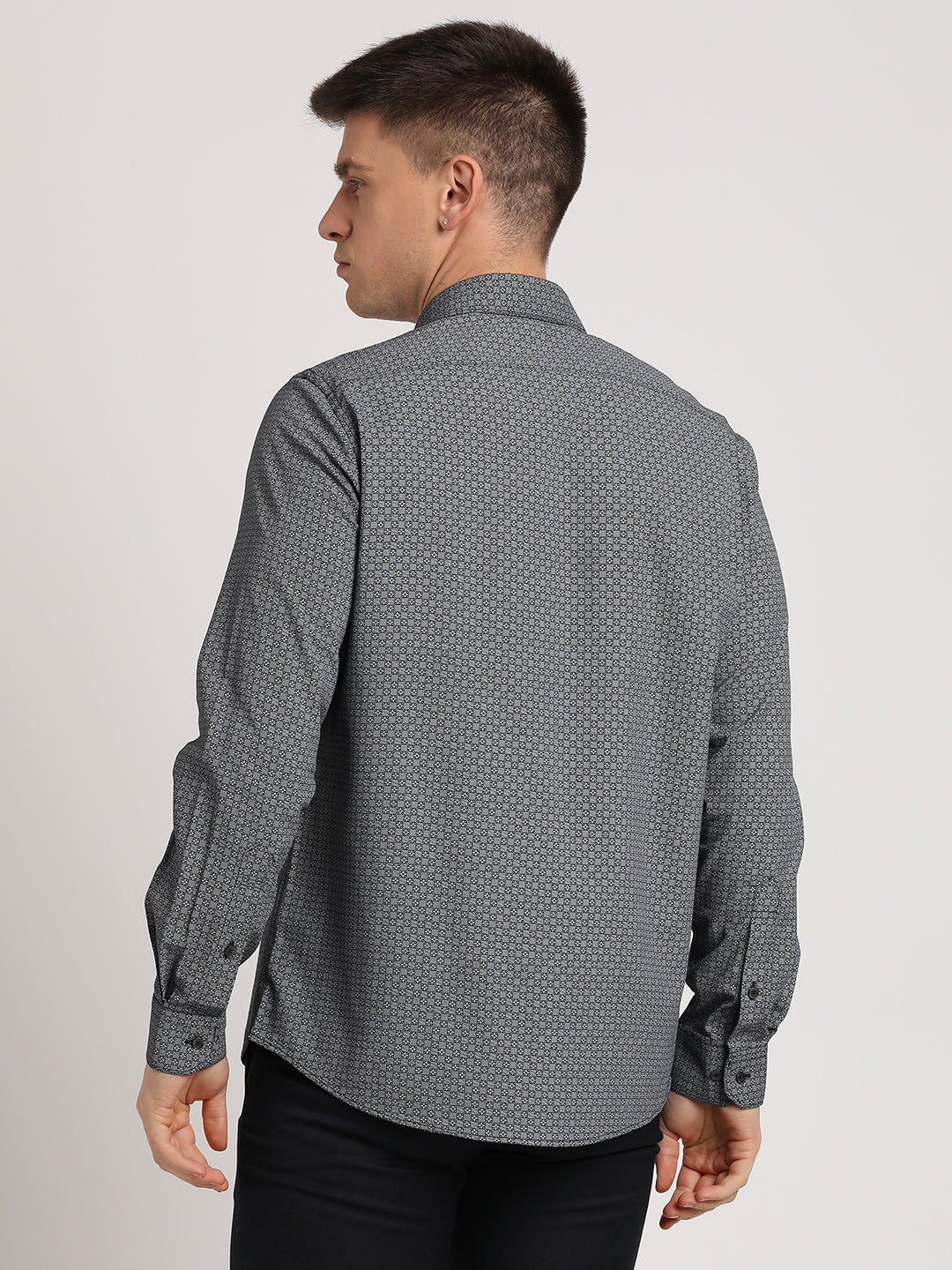 Cotton Tencel Grey Printed Slim Fit Full Sleeve Formal Shirt