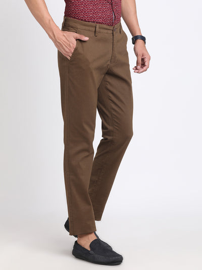 Cotton Stretch Brown Dobby Narrow Fit Flat Front Casual Trouser