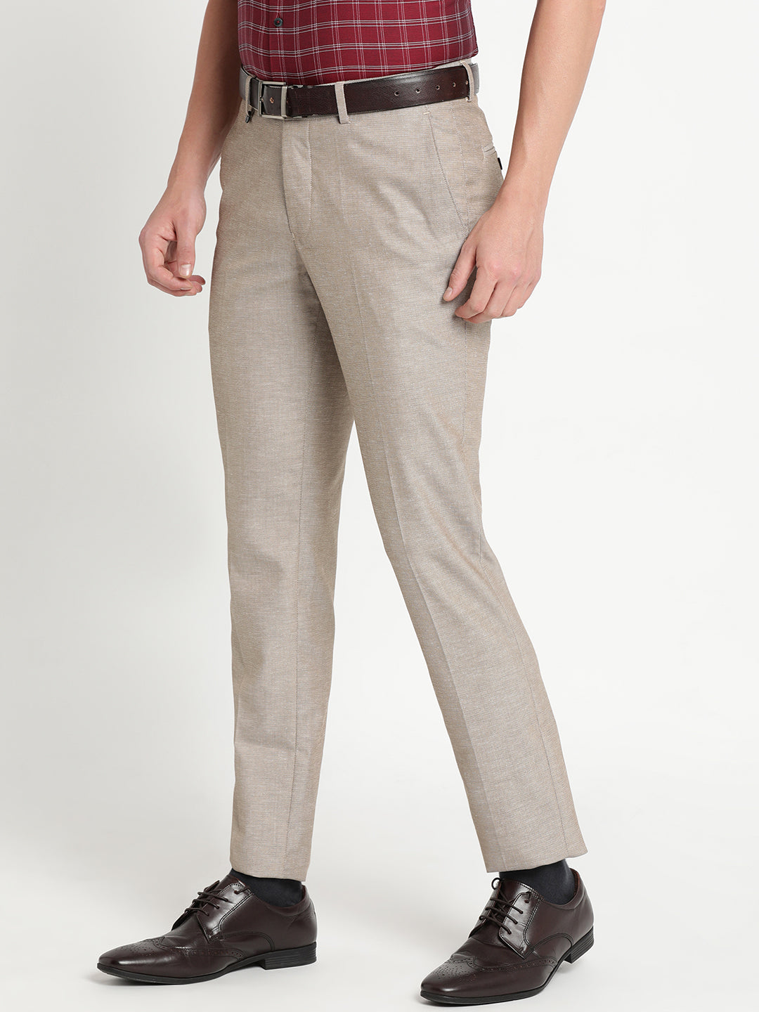 Khaki Dobby Slim Fit Flat Front Formal Trouser