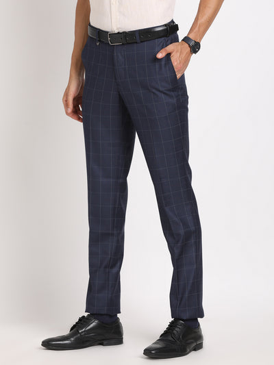 Terry Rayon Navy Blue Checkered Slim Fit Flat Front Formal Trouser