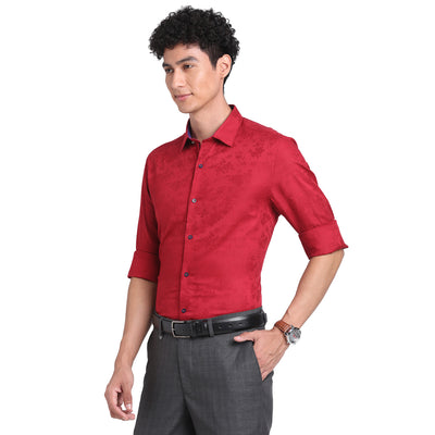 Turtle Men Maroon Cotton Self Design Slim Fit Formal Shirts