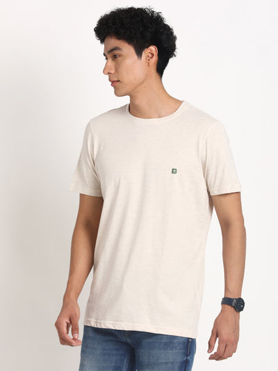Essential 100% Cotton Cream Chest Printed Round Neck Half Sleeve Casual T-Shirt