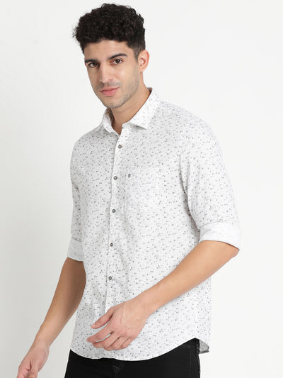 100% Cotton White Printed Slim Fit Full Sleeve Casual Shirt