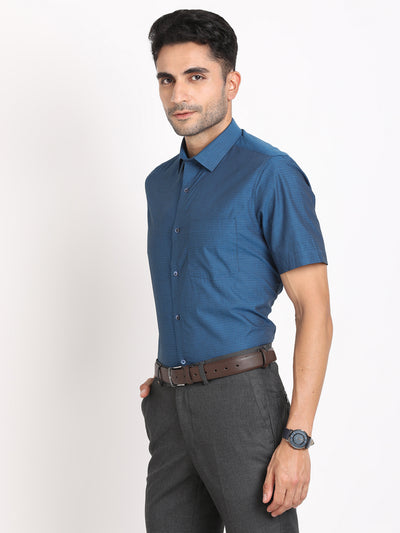 100% Cotton Blue Dobby Regular Fit Half Sleeve Formal Shirt