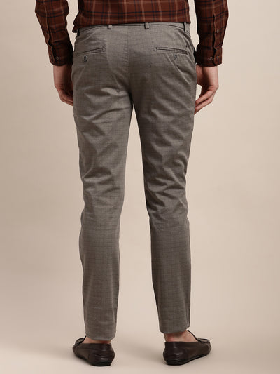 Cotton Stretch Brown Printed Narrow Fit Flat Front Casual Trouser