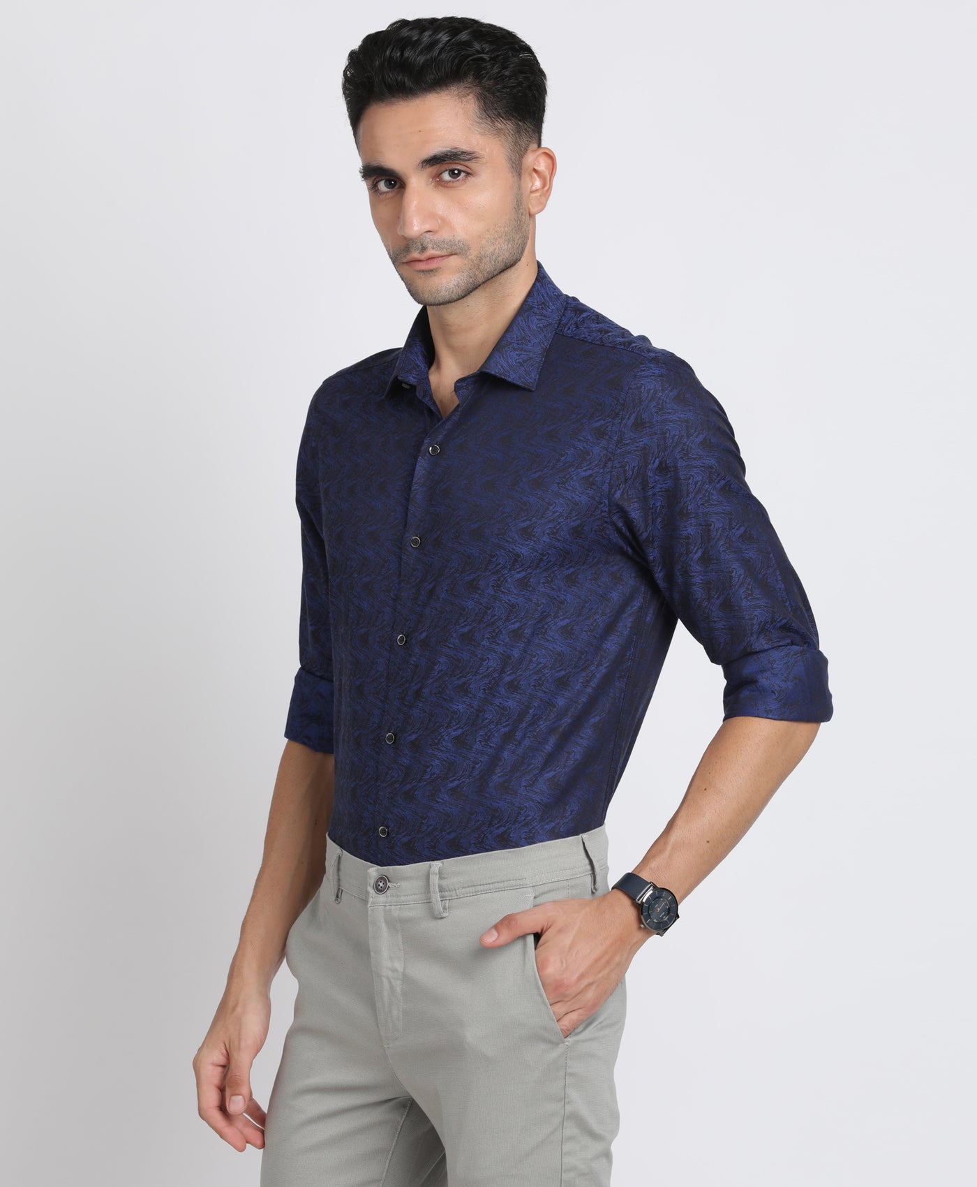 100% Cotton Navy Blue Jacquard Slim Fit Full Sleeve Ceremonial Shirt