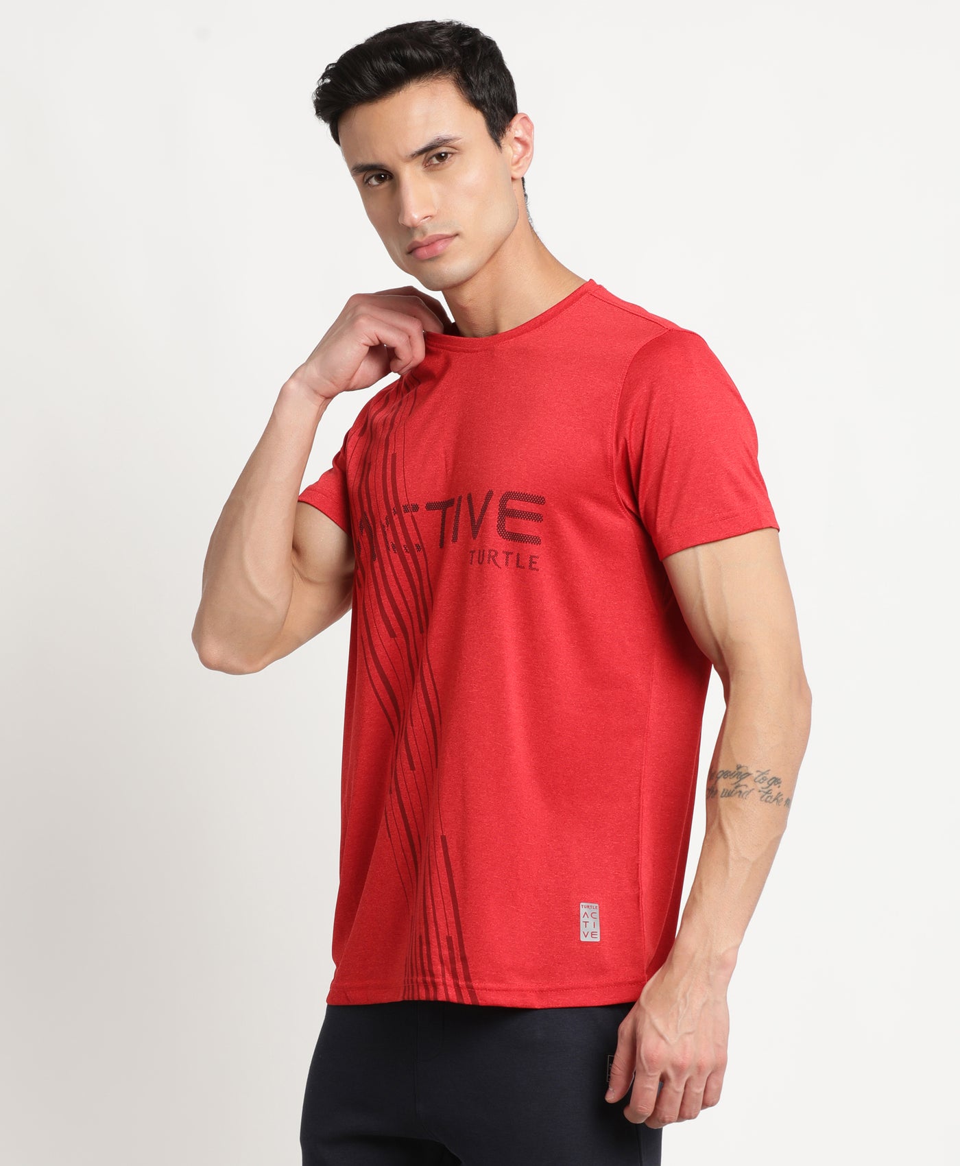 Polyester Red Printed Crew Neck Half Sleeve Active T-Shirt