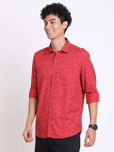 Cotton Lyocell Red Printed Slim Fit Full Sleeve Casual Shirt