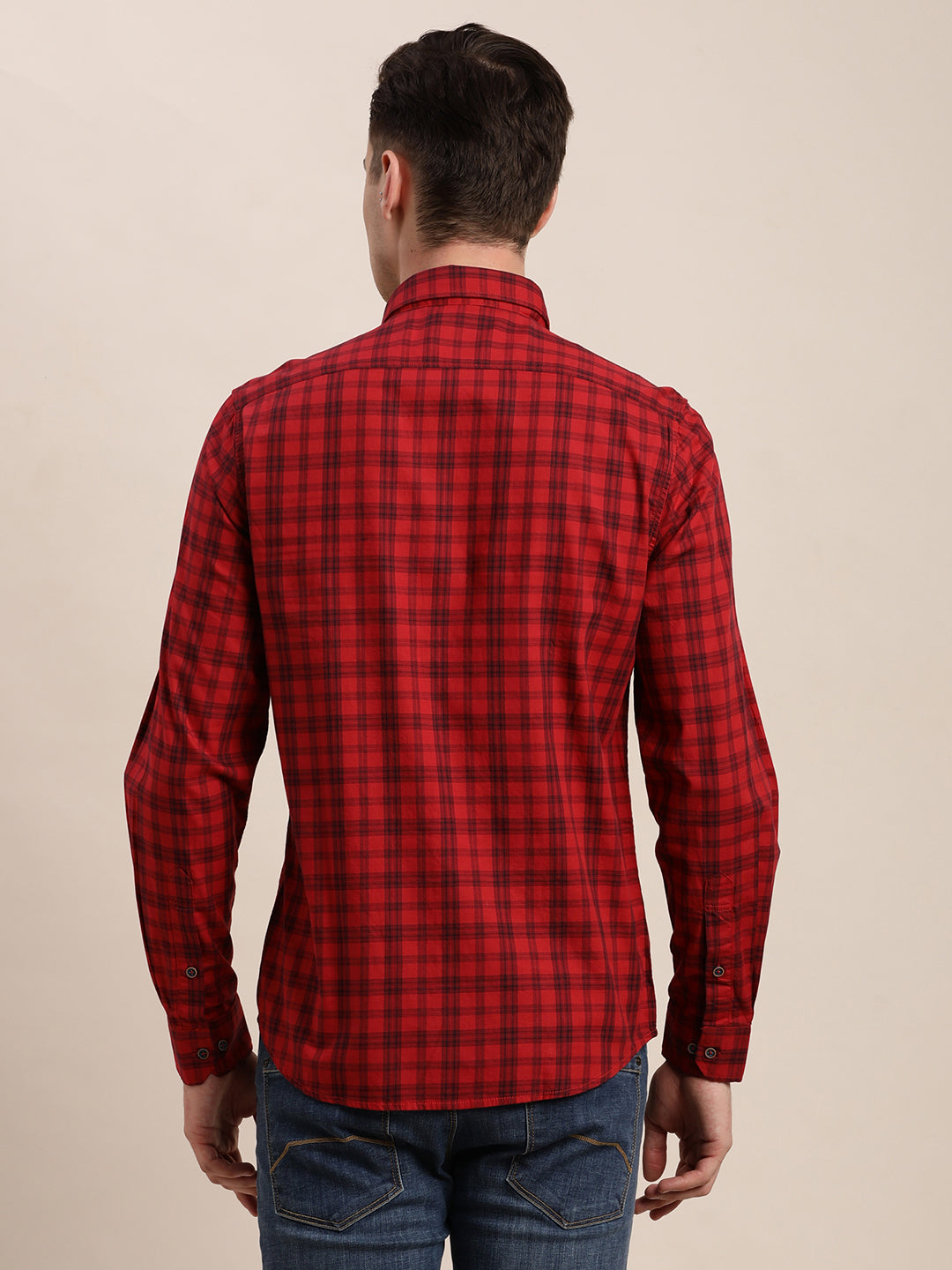 100% Cotton Red Checkered Slim Fit Full Sleeve Casual Shirt