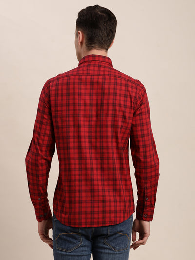 100% Cotton Red Checkered Slim Fit Full Sleeve Casual Shirt