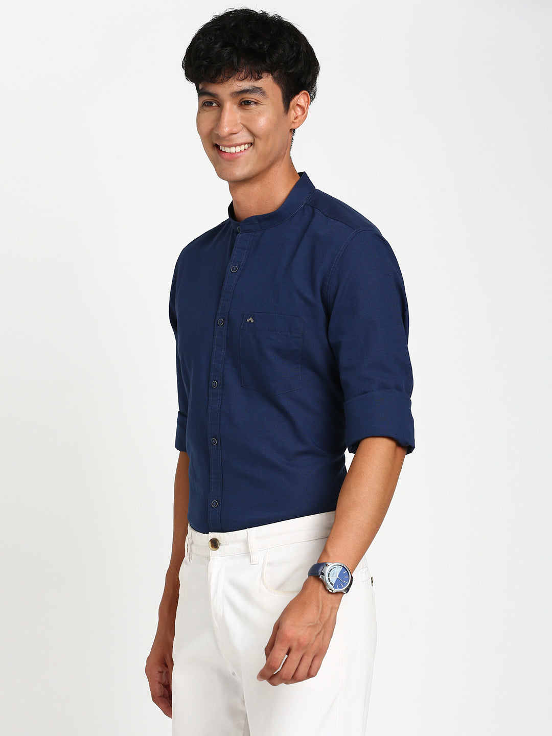 Cotton Linen Navy Blue Plain Slim Fit Full Sleeve Casual Shirt