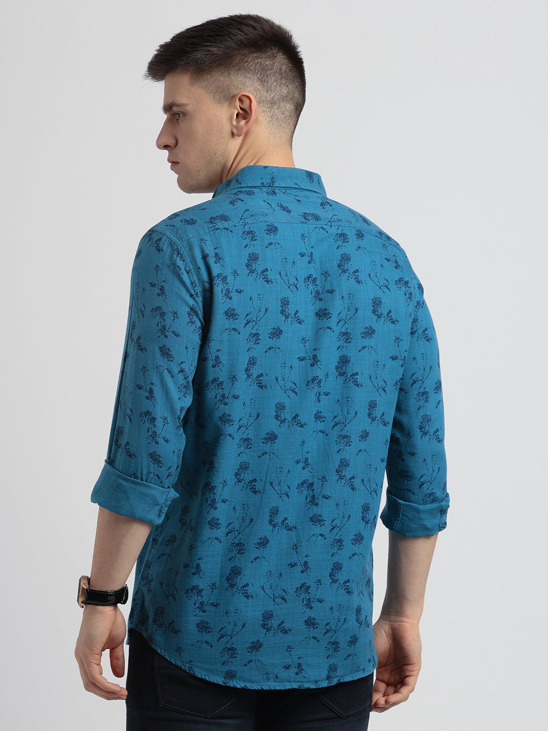 Cotton Lyocell Blue Printed Slim Fit Full Sleeve Casual Shirt