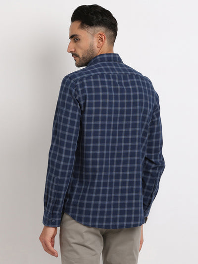 100% Cotton Navy Blue Checkered Slim Fit Full Sleeve Casual Shirt