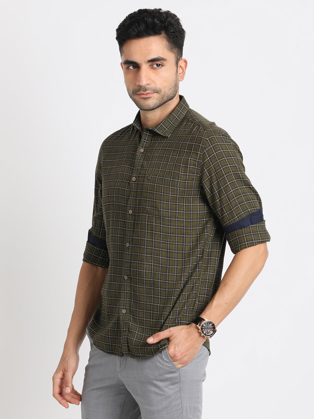 100% Cotton Dark Green Checkered Slim Fit Full Sleeve Casual Shirt