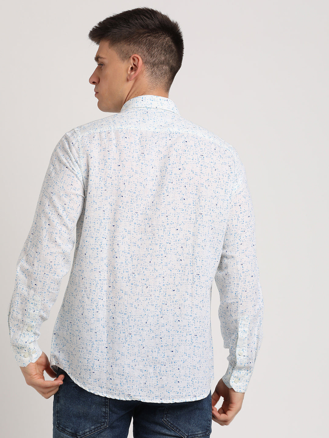 Cotton Linen White Printed Slim Fit Full Sleeve Casual Shirt