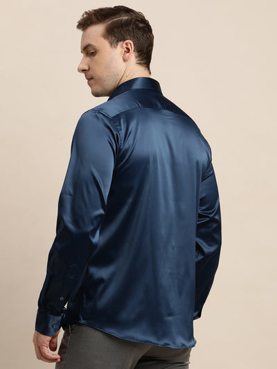 Poly Satin Blue Plain Slim Fit Full Sleeve Ceremonial Shirt