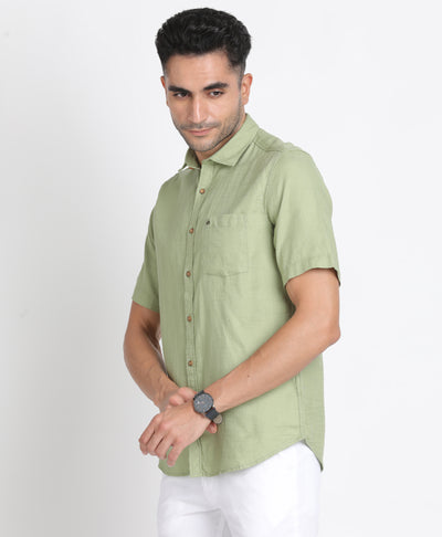 100% Cotton Green Plain Slim Fit Half Sleeve Casual Shirt